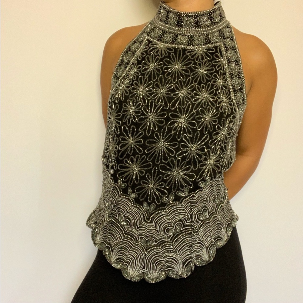 PAPELL Boutique Evening Vintage bead high neck top